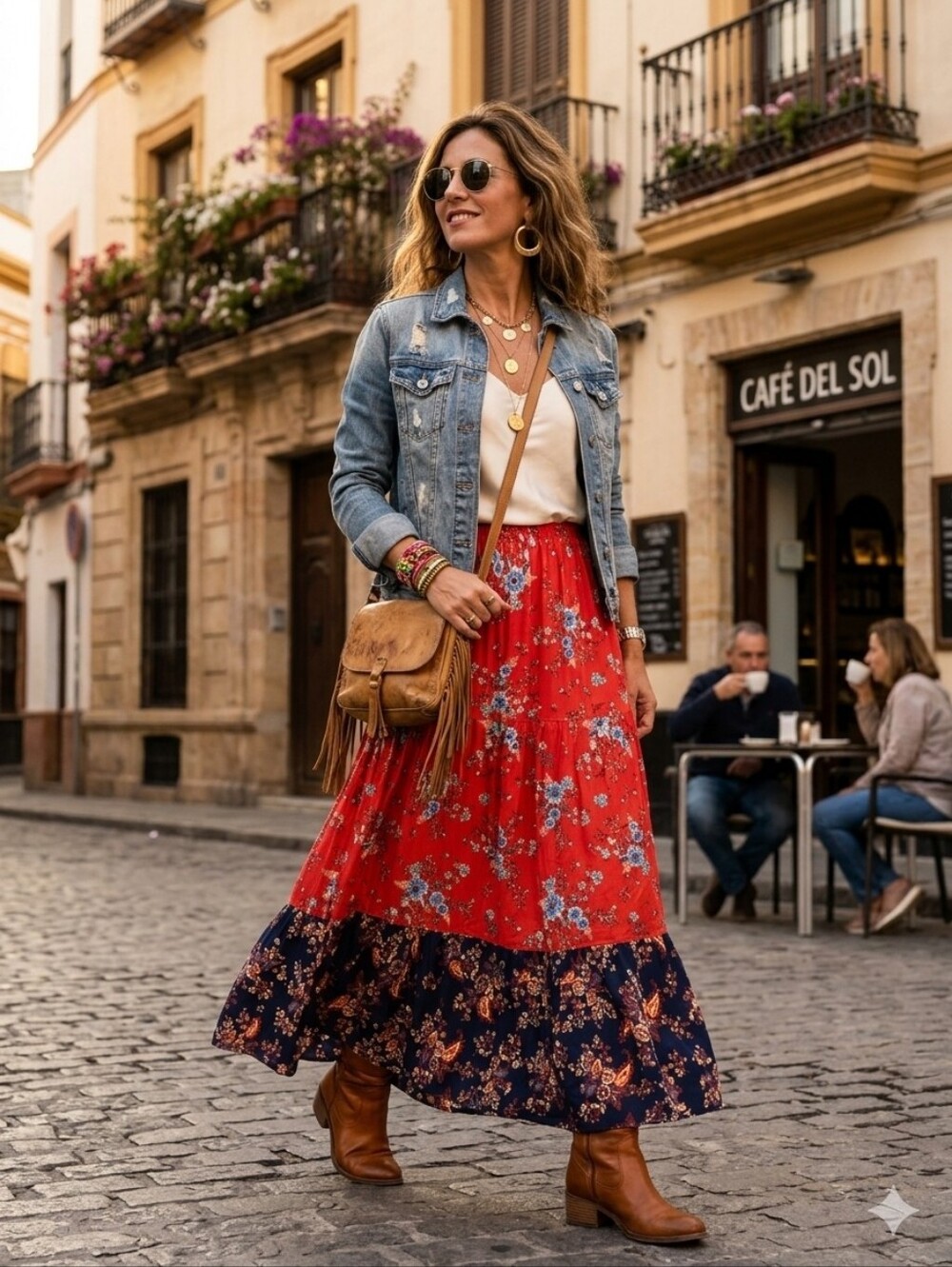 Romantic Cottagecore Boho Floral Tiered Maxi Skirt Red Navy L